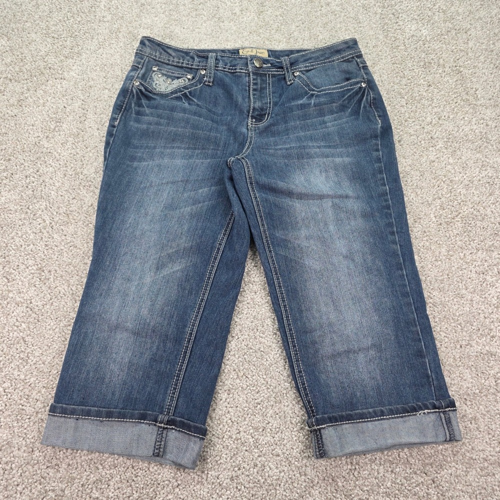 Earl Jean Womens Butterfly Rhinestone Capri Jeans Dark Wash Blue Size 8 Cuffed